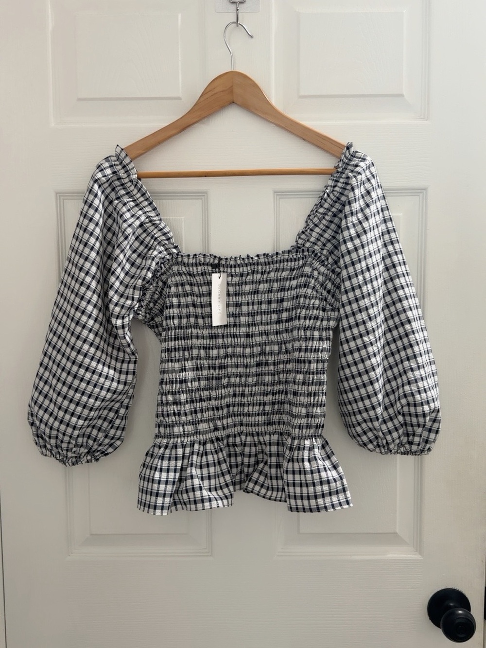 Sugarlips Black & White Gingham Smocked Peplum Top